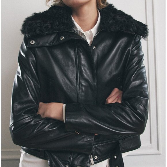 ZARA Women $349 100% Leather Jacket Black Removable faux fur collar XS NWT - Picture 4 of 13